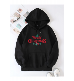 Yılbaşı Merry Christmas Baskılı Oversize Kapüşonlu Sweatshirt Hoodie - Siyah
