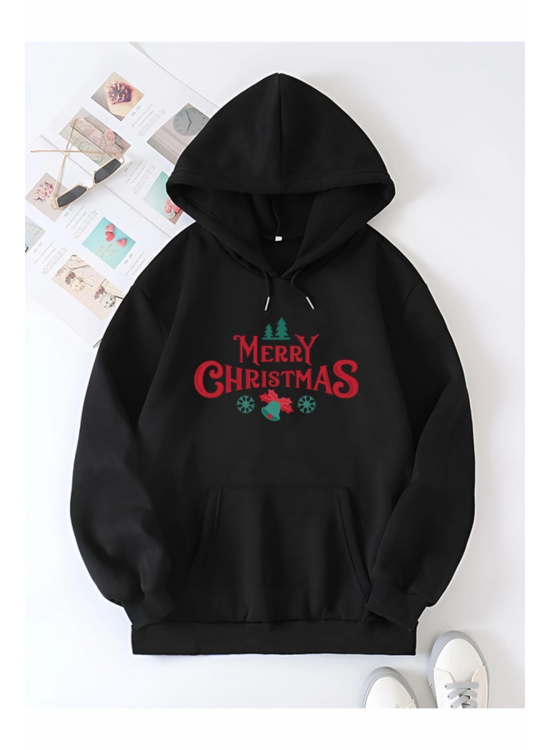 Yılbaşı Merry Christmas Baskılı Oversize Kapüşonlu Sweatshirt Hoodie - Siyah