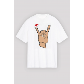 Yılbaşı Noel Başlıklı Serçe Parmak Baskılı Oversize Bisiklet Yaka T-shirt - Beyaz