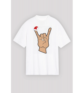 Yılbaşı Noel Başlıklı Serçe Parmak Baskılı Oversize Bisiklet Yaka T-shirt - Beyaz