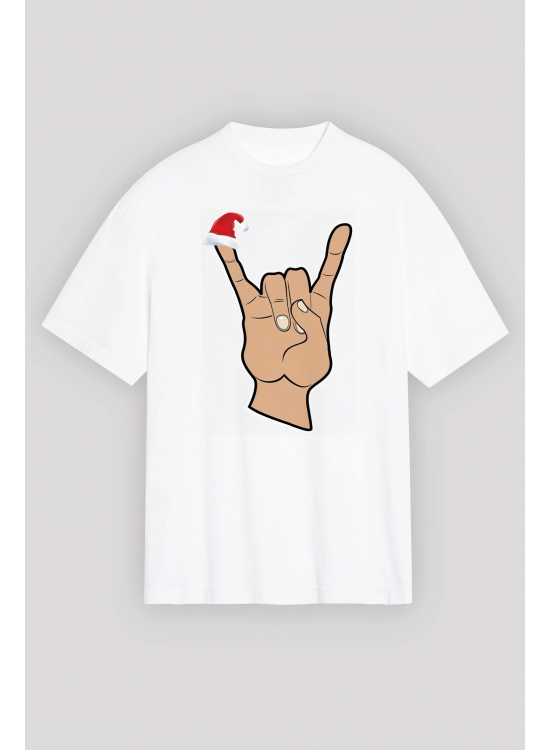Yılbaşı Noel Başlıklı Serçe Parmak Baskılı Oversize Bisiklet Yaka T-shirt - Beyaz Yılbaşı Noel Başlıklı Serçe Parmak Baskılı Oversize Bisiklet Yaka T-shirt - Beyaz