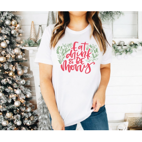 Yılbaşı Noel Baskılı Kısa Kollu Oversize Bisiklet Yaka T-shirt - Beyaz