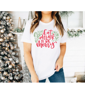 Yılbaşı Noel Baskılı Kısa Kollu Oversize Bisiklet Yaka T-shirt - Beyaz