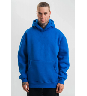 Erkek Oversize 3 İplik Pamuklu Kapüşonlu Kanguru Cepli Hoodie Sweatshirt - Saks Mavisi