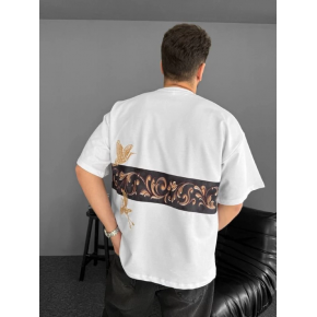 Erkek T-Shirt Ön ve Arka Baskılı Oversize Bisiklet Yaka tişort - Beyaz