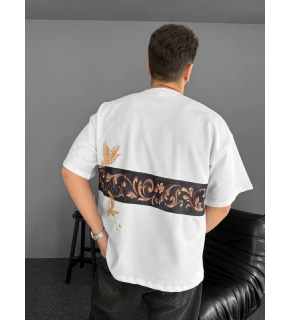 Erkek T-Shirt Ön ve Arka Baskılı Oversize Bisiklet Yaka tişort - Beyaz