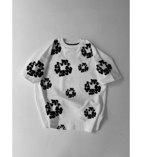 Erkek Tişört Ön ve Arka Baskılı Oversize Bisiklet Yaka T-shirt- Beyaz