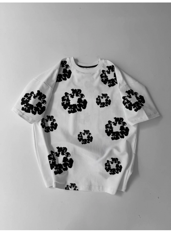 Erkek Tişört Ön ve Arka Baskılı Oversize Bisiklet Yaka T-shirt- Beyaz Erkek Tişört Ön ve Arka Baskılı Oversize Bisiklet Yaka T-shirt- Beyaz