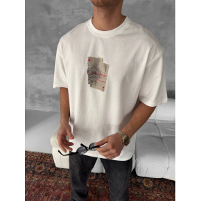 ERKEK Tişört Kısa kol Ön ve Arka Baskılı Oversize Bisiklet Yaka T-Shirt - Beyaz