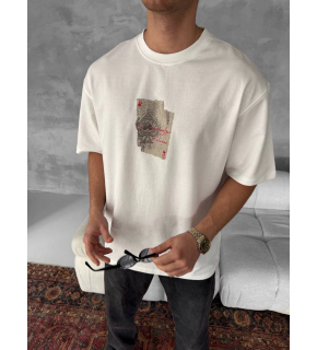 ERKEK Tişört Kısa kol Ön ve Arka Baskılı Oversize Bisiklet Yaka T-Shirt - Beyaz