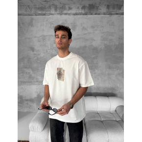 ERKEK Tişört Kısa kol Ön ve Arka Baskılı Oversize Bisiklet Yaka T-Shirt - Beyaz