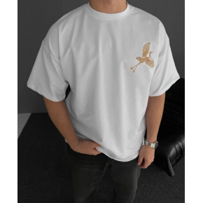 Erkek T-Shirt Ön ve Arka Baskılı Oversize Bisiklet Yaka tişort - Beyaz