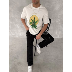 Erkek Kısa Kol Yazlık Tişört Bisiklet Yaka Baskılı Oversize T-Shirt - Beyaz
