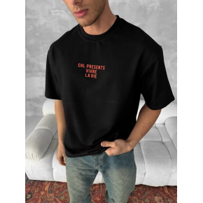 Erkek Ön ve Arka Baskılı T-Shirt Kısa Kol Bisiklet Yaka Regular Fit Tişört - Siyah