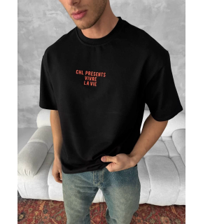 Erkek Ön ve Arka Baskılı T-Shirt Kısa Kol Bisiklet Yaka Regular Fit Tişört - Siyah