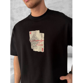 ERKEK Tişört Kısa Kol Ön ve Arka Baskılı Oversize Bisiklet Yaka T-shirt - Siyah