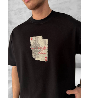 ERKEK Tişört Kısa Kol Ön ve Arka Baskılı Oversize Bisiklet Yaka T-shirt - Siyah