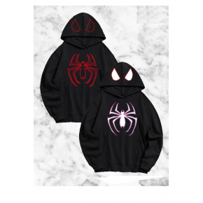 Sevgili Çift Kombini Örümcek Baskılı Kapüşonlu Sweatshirt Hoodie - Siyah