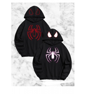 Sevgili Çift Kombini Örümcek Baskılı Kapüşonlu Sweatshirt Hoodie - Siyah