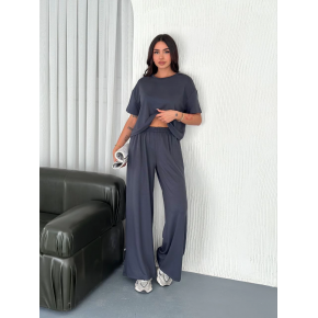 Kadın Osy Modal Yumuşak Dokulu Kumaş Bisiklet Yaka T-shirt Bol paça Pantalon ikili Takım -Antrasit