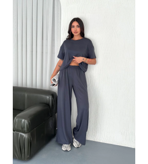 Kadın Osy Modal Yumuşak Dokulu Kumaş Bisiklet Yaka T-shirt Bol paça Pantalon ikili Takım -Antrasit
