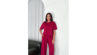 Kadın Osy Modal Yumuşak Dokulu Kumaş Bisiklet Yaka T-shirt Bol paça Pantolon ikili Takım -Bordo Kadın Osy Modal Yumuşak Dokulu Kumaş Bisiklet Yaka T-shirt Bol paça Pantolon ikili Takım -Bordo