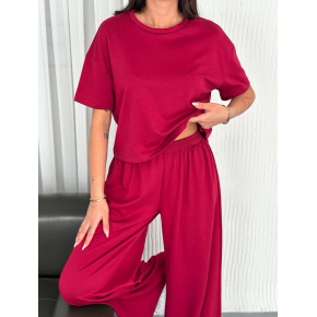 Kadın Osy Modal Yumuşak Dokulu Kumaş Bisiklet Yaka T-shirt Bol paça Pantolon ikili Takım -Bordo