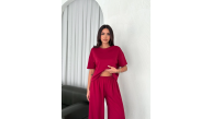 Kadın Osy Modal Yumuşak Dokulu Kumaş Bisiklet Yaka T-shirt Bol paça Pantolon ikili Takım -Bordo Kadın Osy Modal Yumuşak Dokulu Kumaş Bisiklet Yaka T-shirt Bol paça Pantolon ikili Takım -Bordo