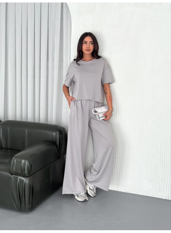 Kadın Osy Modal Yumuşak Kumaş Bisiklet Yaka T-shirt Bol paça Pantolon ikili Takım - Boyalı Gri Kadın Osy Modal Yumuşak Kumaş Bisiklet Yaka T-shirt Bol paça Pantolon ikili Takım - Boyalı Gri