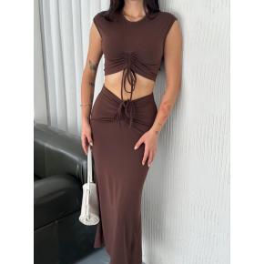 Osy Modal Yumuşak Dokulu Kumaş Büzgülü Crop Etek Takım -Kahverengi