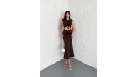 Osy Modal Yumuşak Dokulu Kumaş Büzgülü Crop Etek Takım -Kahverengi