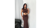 Osy Modal Yumuşak Dokulu Kumaş Büzgülü Crop Etek Takım -Kahverengi