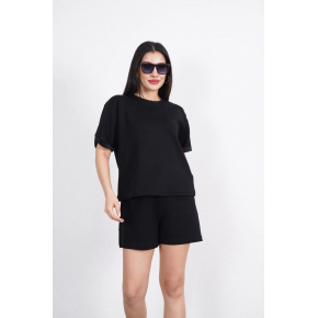 Osy Modal yumuşak dokulu Kumaş Kadın Bisiklet Yaka T-shirt Kısa Şort İkili Takım - Siyah