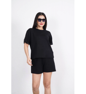 Osy Modal yumuşak dokulu Kumaş Kadın Bisiklet Yaka T-shirt Kısa Şort İkili Takım - Siyah