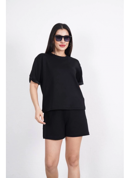 Osy Modal yumuşak dokulu Kumaş Kadın Bisiklet Yaka T-shirt Kısa Şort İkili Takım - Siyah Osy Modal yumuşak dokulu Kumaş Kadın Bisiklet Yaka T-shirt Kısa Şort İkili Takım - Siyah
