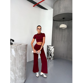 Kadın Osy Modal Yumuşak Dokulu Kumaş Kısa Kollu Crop Alt ispanyol Paça Pantolon ikili Takım - Bordo
