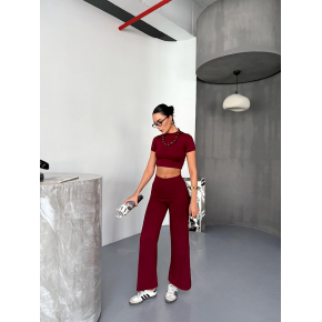 Kadın Osy Modal Yumuşak Dokulu Kumaş Kısa Kollu Crop Alt ispanyol Paça Pantolon ikili Takım - Bordo