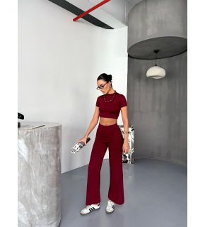 Kadın Osy Modal Yumuşak Dokulu Kumaş Kısa Kollu Crop Alt ispanyol Paça Pantolon ikili Takım - Bordo