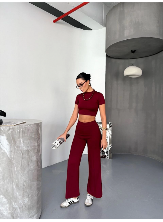 Kadın Osy Modal Yumuşak Dokulu Kumaş Kısa Kollu Crop Alt ispanyol Paça Pantolon ikili Takım - Bordo Kadın Osy Modal Yumuşak Dokulu Kumaş Kısa Kollu Crop Alt ispanyol Paça Pantolon ikili Takım - Bordo