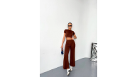 Kadın Osy Modal Yumuşak Kumaş Kısa Kollu Crop Alt ispanyol Paça Pantolon ikili Takım - Kahverengi Kadın Osy Modal Yumuşak Kumaş Kısa Kollu Crop Alt ispanyol Paça Pantolon ikili Takım - Kahverengi