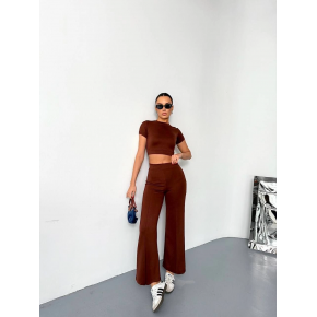 Kadın Osy Modal Yumuşak Kumaş Kısa Kollu Crop Alt ispanyol Paça Pantolon ikili Takım - Kahverengi