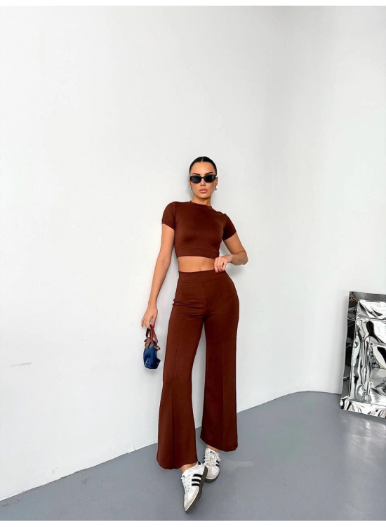 Kadın Osy Modal Yumuşak Kumaş Kısa Kollu Crop Alt ispanyol Paça Pantolon ikili Takım - Kahverengi Kadın Osy Modal Yumuşak Kumaş Kısa Kollu Crop Alt ispanyol Paça Pantolon ikili Takım - Kahverengi