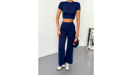 Kadın Osy Modal Yumuşak Kumaş Kısa Kollu Crop Alt ispanyol Paça Pantolon ikili Takım - Lacivert Kadın Osy Modal Yumuşak Kumaş Kısa Kollu Crop Alt ispanyol Paça Pantolon ikili Takım - Lacivert