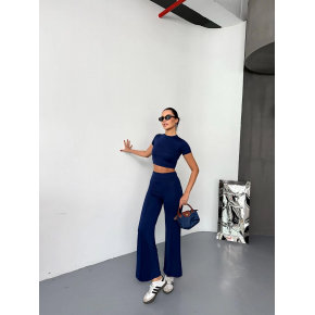 Kadın Osy Modal Yumuşak Kumaş Kısa Kollu Crop Alt ispanyol Paça Pantolon ikili Takım - Lacivert