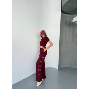 Kadın Osy Modal Yumuşak Dokulu Kumaş Nakış işlemeli Rahat Bol Paça Eşofman Pantolon - Bordo