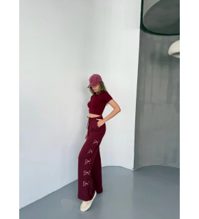 Kadın Osy Modal Yumuşak Dokulu Kumaş Nakış işlemeli Rahat Bol Paça Eşofman Pantolon - Bordo