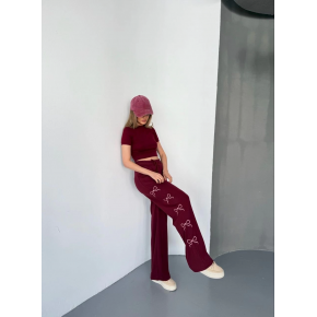 Kadın Osy Modal Yumuşak Dokulu Kumaş Nakış işlemeli Rahat Bol Paça Eşofman Pantolon - Bordo