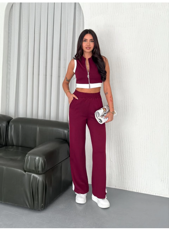 Kadın Osy Modal Yumuşak Dokulu Kumaş Tam Fermuarlı Crop Pantolon İkili Takım - Bordo Kadın Osy Modal Yumuşak Dokulu Kumaş Tam Fermuarlı Crop Pantolon İkili Takım - Bordo