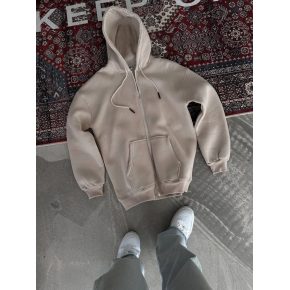 Kadın 3 İplik Pamuklu Kapüşonlu Kanguru Cepli Baskılı Oversize Hoodie Sweatshirt - Bej