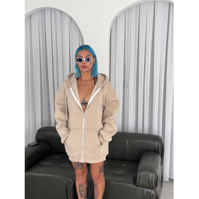 Kadın 3 İplik Pamuklu Kapüşonlu Kanguru Cepli Baskılı Oversize Hoodie Sweatshirt - Bej